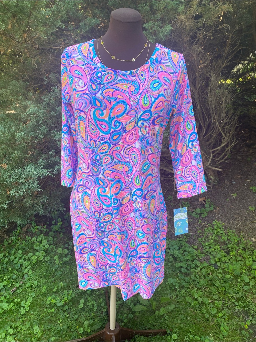Lulu B stretch dress rounded collar vibrant paisley resort wrinkle free SPF - Picture 12 of 17